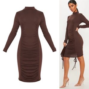 PLT Chocolate Brown High Neck Ruched Front Midi Dress